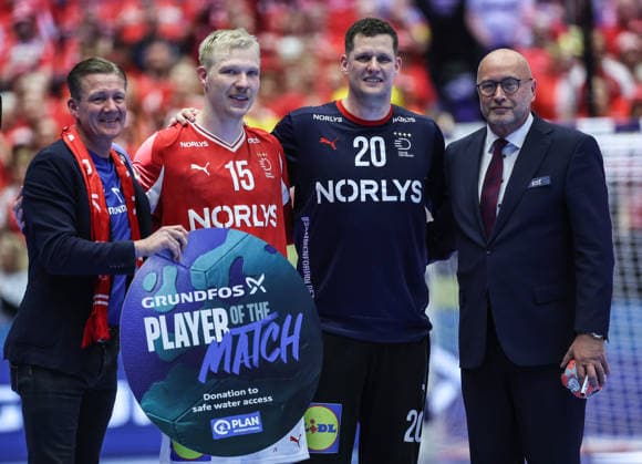 Denmark v Germany - Men s EHF EURO 2026 Final Magnus Saugstrup of Denmark, Kevin Moller of Denmark after the Men s EHF EURO 2026 Final match between Denmark and Germany at Jyske Bank Boxen on February 1, 2026 in Herning, Denmark.  SanjinxStrukic PIXSELL
