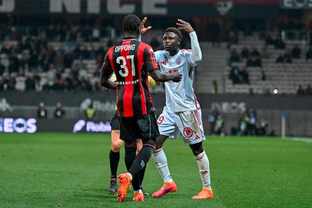 FOOTBALL : Nice (OGCN) vs Brest (SB29) - ligue 1 - 1 2 26 Nice™s defender 37 Kojo Peprah Oppong and Brest™s midfielder 99 P. Mboup during the French L1 2025-2026 season football match between Nice (OGCN) and Brest (SB) at Allianz Riviera stadium of Nice, south France, on February 1, 2026. NICEFrance  Copyright: xFredericxDIDESx