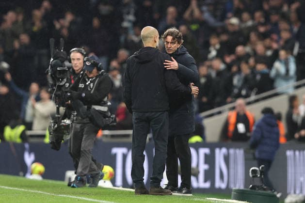 1st February 2026; Tottenham Hotspur Stadium, London, England; Premier League Football, Tottenham Hotspur versus Manchester City; Tottenham Hotspur manager Thomas Frank embraces Manchester City manager Pep Guardiola after the match  KatiexChan Content restricted for UK based newspaper