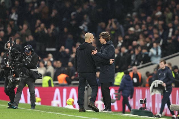 1st February 2026; Tottenham Hotspur Stadium, London, England; Premier League Football, Tottenham Hotspur versus Manchester City; Tottenham Hotspur manager Thomas Frank embraces Manchester City manager Pep Guardiola after the match  KatiexChan Content restricted for UK based newspaper