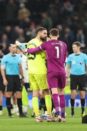 1st February 2026; Tottenham Hotspur Stadium, London, England; Premier League Football, Tottenham Hotspur versus Manchester City; goalkeepers Gianluigi Donnarumma of Manchester City and Guglielmo Vicario of Tottenham Hotspur chat after the match  KatiexChan Content restricted for UK based newspaper