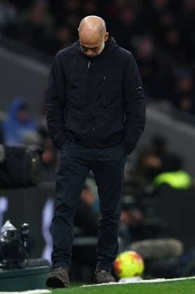 London, England, 1st February 2026. Pep Guardiola, Manager of Manchester City looks dejected during the Tottenham Hotspur vs Manchester City Premier League match at the Tottenham Hotspur Stadium, London. Picture credit should read: Paul Terry Sportimage EDITORIAL USE ONLY. No use with unauthorised audio, video, data, fixture lists, club league logos or live services. Online in-match use limited to 120 images, no video emulation. No use in betting, games or single club league player publications. SPI_068_PT_Tottenham_Man_City SPI-4504-0068