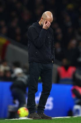 London, England, 1st February 2026. Pep Guardiola, Manager of Manchester City looks dejected during the Tottenham Hotspur vs Manchester City Premier League match at the Tottenham Hotspur Stadium, London. Picture credit should read: Paul Terry Sportimage EDITORIAL USE ONLY. No use with unauthorised audio, video, data, fixture lists, club league logos or live services. Online in-match use limited to 120 images, no video emulation. No use in betting, games or single club league player publications. SPI_072_PT_Tottenham_Man_City SPI-4504-0072