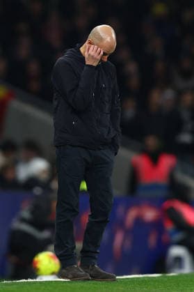 London, England, 1st February 2026. Pep Guardiola, Manager of Manchester City looks dejected during the Tottenham Hotspur vs Manchester City Premier League match at the Tottenham Hotspur Stadium, London. Picture credit should read: Paul Terry Sportimage EDITORIAL USE ONLY. No use with unauthorised audio, video, data, fixture lists, club league logos or live services. Online in-match use limited to 120 images, no video emulation. No use in betting, games or single club league player publications. SPI_073_PT_Tottenham_Man_City SPI-4504-0073