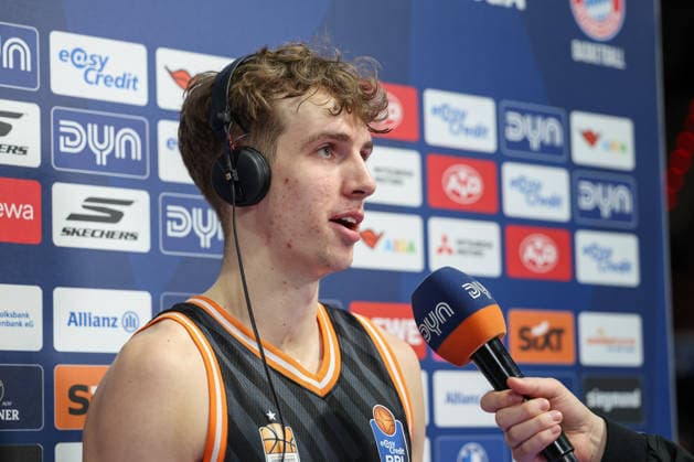 Tobias Jensen (ratiopharm Ulm, 07) beim Interview nach dem Spiel, GER, FC Bayern Basketball vs. ratiopharm Ulm, Basketball, easycredit Basketball Bundesliga, 18. Spieltag, Saison 2025 2026, 01.02.2026, GER, FC Bayern Basketball vs. ratiopharm Ulm, Basketball, easycredit Basketball Bundesliga, 18. Spieltag, Saison 2025 2026, 01.02.2026 Muenchen Copyright: xEibner-Pressefoto JennixMaulx EP_JML