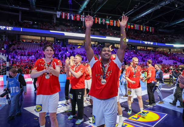 Medal Ceremony - Men s EHF EURO 2026 Final Lasse Moller and Mads Mensah of Denmark celebrate during the Men s EHF EURO 2026 Final match between Denmark and Germany at Jyske Bank Boxen on February 1, 2026 in Herning, Denmark.  SanjinxStrukic PIXSELL