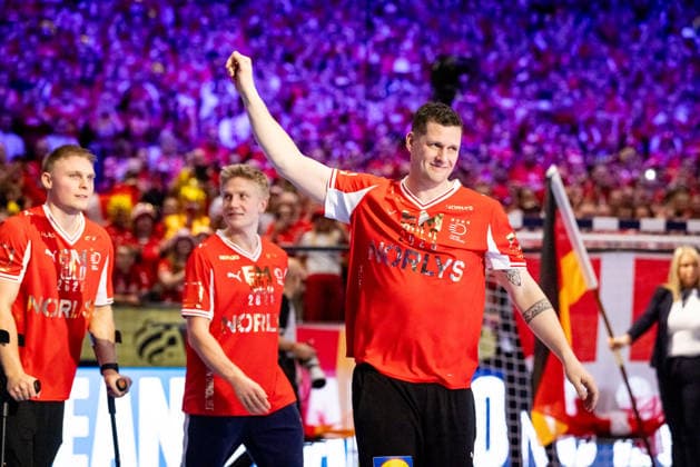 HERNING, DENMARK - FEBRUARY 1: Gold team Denmark, Kevin Moller (Denmark, 20) during the EHF EURO 2026 Final match between Denmark vs Germany at Jyske Bank Boxen Arena on February 1, 2026 in Herning, Denmark. Midtjylland Denmark Copyright: xMarioxM.xKobergx
