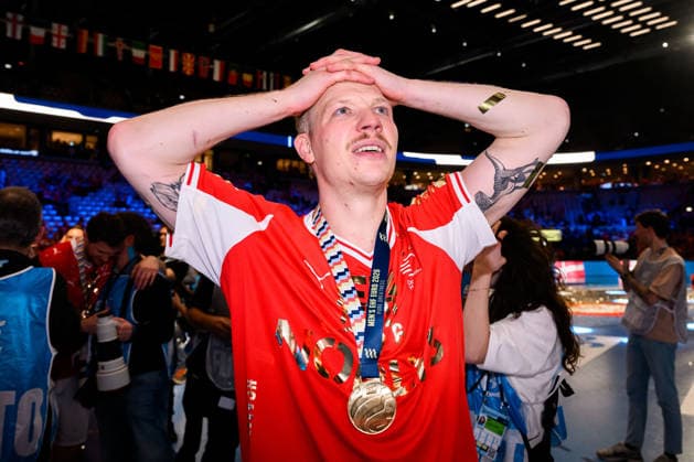 Herning: Handball EM 2026 - Finale - Daenemark - Deutschland Daenemarks Magnus Saugstrup Jensen Herning Jyske Bank Boxen Daenemark