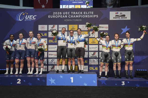 2026 UEC European Track cycling, Rad, Radsport, Bahnrad, Bahn Championships in Konya KONYA, TURKIYE - FEBRUARY 1: Team Germany poses with gold medal after competing women s team sprint race during 2026 UEC Track Cycling European Championships in Konya, Turkiye on February 1, 2026. The Great Britain team came second and the Netherlands team came third. Dilara Irem Sancar Anadolu Konya Turkey. Editorial use only. Please get in touch for any other usage.  Copyright: x2026xAnadoluxDilaraxIremxSancarx