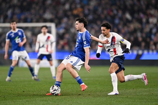 RC Strasbourg Alsace v Paris Saint-Germain - Ligue 1 McDonald s 2025 2026 29 Samir EL MOURABET (rcsa) - 05 MARQUINHOS (psg) during the Ligue 1 McDonald s match between Strasbourg and Paris SG at Stade de la Meinau on February 1, 2026 in Strasbourg, France. Strasbourg France  Copyright: xFEPx 776348271