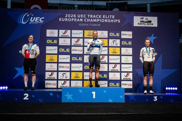 SEITZ Aline, HESTERS Helene, REIßNER Lena Charlotte: UEC Track cycling, Rad, Radsport, Bahnrad, Bahn European Championships Konya 2026 SEITZ Aline ( SUI ) Switzerland Second Place - HESTERS Helene ( BEL ) Belgium Winner - First Place - REIßNER Lena Charlotte ( GER ) - Germany Third Place Award Ceremony - Medal Ceremony - Podium - Querformat - quer - horizontal - Landscape - Event Veranstaltung: UEC Track Cycling European Championships 2026 - Category Kategorie: Cycling - Track Cycling European Championships - Location Ort: Asia - Turkey - Konya - Discipline: Scratch - Category: Elite Women - Distance: 10 km - Date Datum: 01.02.2026 Sunday Day 1 -