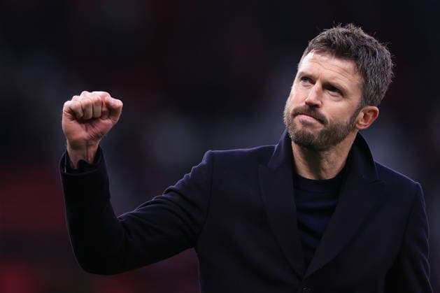 Football - Premier League - Manchester United, ManU v Fulham 1st February 2026 - Premier League - Manchester United v Fulham - Manchester United interim manager Michael Carrick celebrates after the match - Photo: Simon Stacpoole Offside. Manchester UK Copyright: xSimonxStacpoolexOffside