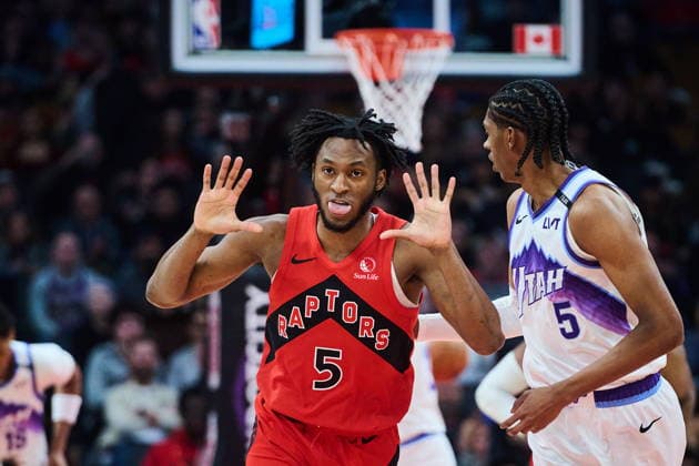 February 1, 2026, Toronto, On, Canada: Toronto Raptors Immanuel Quickley (5) reacts after a three pointer against the Utah Jazz during first half NBA, Basketball Herren, USA basketball action in Toronto, on Sunday, Feb. 1, 2026. Canada News - February 1, 2026 - ZUMAc35_ 20260201_zaf_c35_076 Copyright: xSammyxKoganx