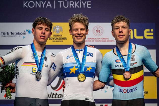 TEUTENBERG Tim Torn, HANSEN Aagaard Tobias, HESTERS Jules: UEC Track cycling, Rad, Radsport, Bahnrad, Bahn European Championships Konya 2026 TEUTENBERG Tim Torn ( GER ) Germany Second Place - HANSEN Aagaard Tobias ( DEN ) Denmark Winner - First Place - HESTERS Jules ( BEL ) Belgium Third Place Award Ceremony - Medal Ceremony - Podium - Querformat - quer - horizontal - Landscape - Event Veranstaltung: UEC Track Cycling European Championships 2026 - Category Kategorie: Cycling - Track Cycling European Championships - Location Ort: Asia - Turkey - Konya - Discipline: Elimination Race - Category: Elite Men - Distance: ... m - Date Datum: 01.02.2026 Sunday Day 1 -