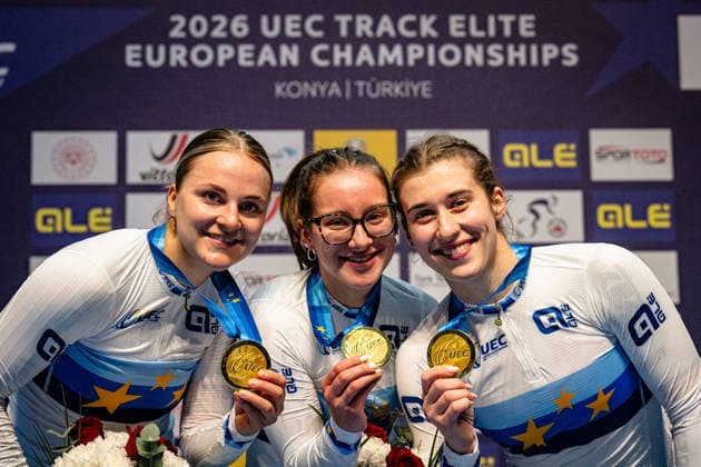 FRIEDRICH Lea Sophie, SCHNEIDER Clara, GRABOSCH Pauline Sophie: UEC Track cycling, Rad, Radsport, Bahnrad, Bahn European Championships Konya 2026 FRIEDRICH Lea Sophie - SCHNEIDER Clara - GRABOSCH Pauline Sophie ( GER ) Germany Winner - First Place - Award Ceremony - Medal Ceremony - Podium - Querformat - quer - horizontal - Landscape - Event Veranstaltung: UEC Track Cycling European Championships 2026 - Category Kategorie: Cycling - Track Cycling European Championships - Location Ort: Asia - Turkey - Konya - Discipline: Team Sprint - Category: Elite Women - Distance: ... m - Date Datum: 01.02.2026 Sunday Day 1 -
