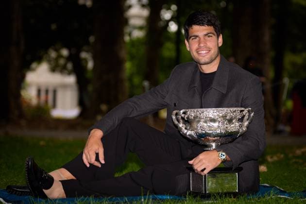 February 2, 2026: 1st seed CARLOS ALCARAZ of Spain poses with the The Norman Brookes Challenge Cup at a photocall at the Royal Exhibtion Building gardens after defeating 4th seed NOVAK DJOKOVIC in the Men s Singles Final of the 2026 Australian Open in Melbourne, Australia. Cal Media Melbourne Australia - ZUMAc04_ 20260202_faf_c04_001 Copyright: xSydneyxLowx