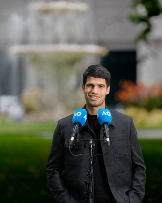 February 2, 2026: 1st seed CARLOS ALCARAZ of Spain answers questions from the media at a photocall at the Royal Exhibtion Building gardens after defeating 4th seed NOVAK DJOKOVIC in the Men s Singles Final of the 2026 Australian Open in Melbourne, Australia. Cal Media Melbourne Australia - ZUMAc04_ 20260202_faf_c04_002 Copyright: xSydneyxLowx