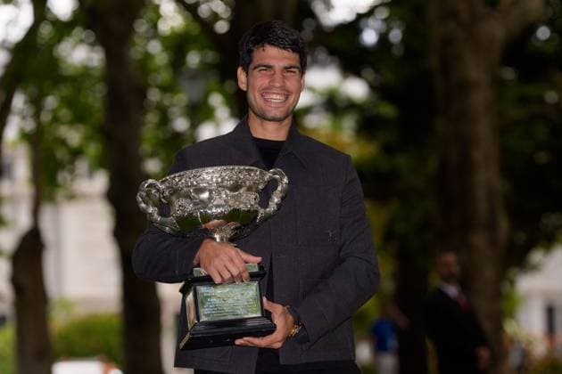 February 2, 2026: 1st seed CARLOS ALCARAZ of Spain poses with the The Norman Brookes Challenge Cup at a photocall at the Royal Exhibtion Building gardens after defeating 4th seed NOVAK DJOKOVIC in the Men s Singles Final of the 2026 Australian Open in Melbourne, Australia. Cal Media Melbourne Australia - ZUMAc04_ 20260202_faf_c04_003 Copyright: xSydneyxLowx