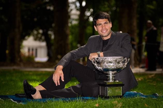 February 2, 2026: 1st seed CARLOS ALCARAZ of Spain poses with the The Norman Brookes Challenge Cup at a photocall at the Royal Exhibtion Building gardens after defeating 4th seed NOVAK DJOKOVIC in the Men s Singles Final of the 2026 Australian Open in Melbourne, Australia. Cal Media Melbourne Australia - ZUMAc04_ 20260202_faf_c04_008 Copyright: xSydneyxLowx