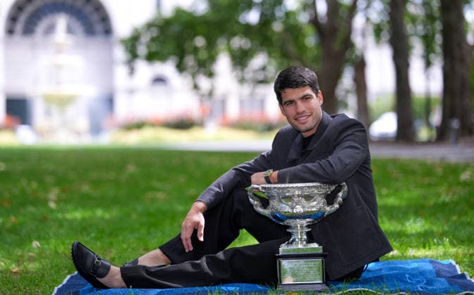 2026 Australian Open Carlos Alcaraz (ESP) celebrate his win at a photo shoot at the Royal Exhibition Building.