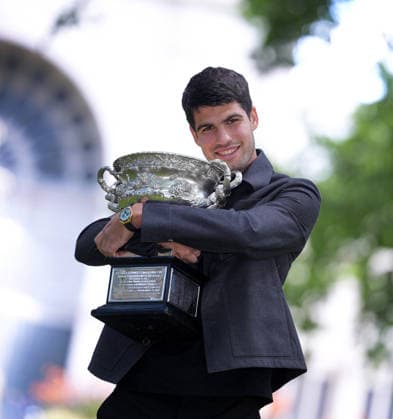 2026 Australian Open Carlos Alcaraz (ESP) celebrate his win at a photo shoot at the Royal Exhibition Building.