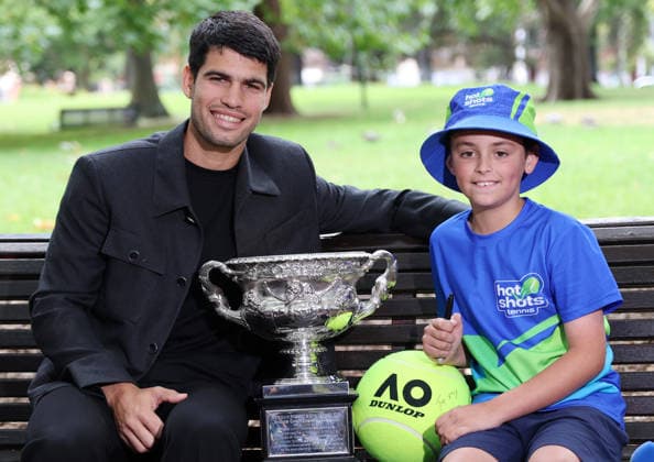February 2, 2026, Melbourne, Victoria, Australia: CARLOS ALCARAZ of Spain and BEN VALDES-ROSAS (8 years old) during interview after the final of Australian Open, Melbourne, Australia. Melbourne Australia - ZUMAc278 20260202_zsp_c278_026 Copyright: xMarcinxCholewinskix