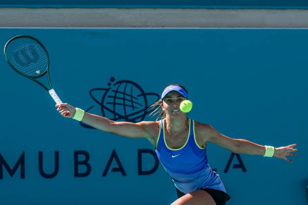 Mubadala Abu Dhabi Open ABU DHABI, UNITED ARAB EMIRATES - FEBRUARY 02: Spanish tennis player Paula Badosa Gibert is seen in action against Belarusian Aliaksandra Sasnovich (not seen) during the women’s singles match of the Mubadala Abu Dhabi Open at Zayed Sports City International Tennis Centre in Abu Dhabi, United Arab Emirates, on February 02, 2026. Waleed Zein Anadolu Abu Dhabi United Arab Emirates. Editorial use only. Please get in touch for any other usage.  Copyright: x2026xAnadoluxWaleedxZeinx