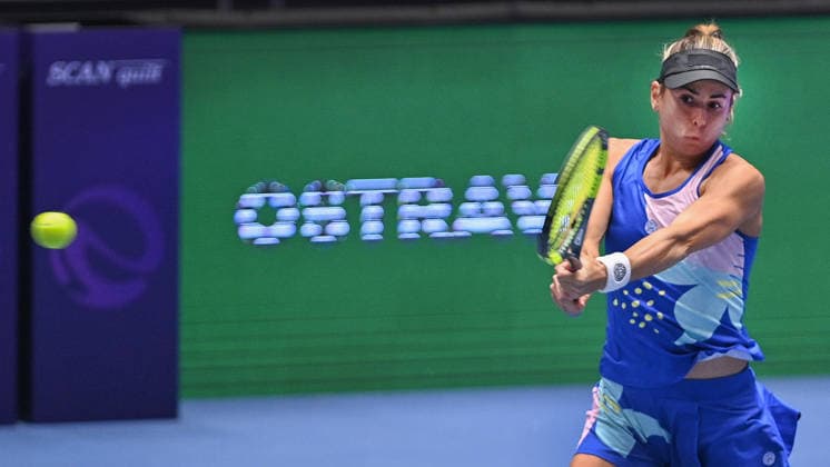 Julia Grabher of Austria returns a ball to Alycia Parks of USA during the WTA, Tennis Damen women s tennis tournament Ostrava Open match on February 2, 2026, in Ostrava, Czech Republic. (CTKxPhoto JaroslavxOzana) CTKPhotoP2026020205427  CTKPhotoP2026020205427