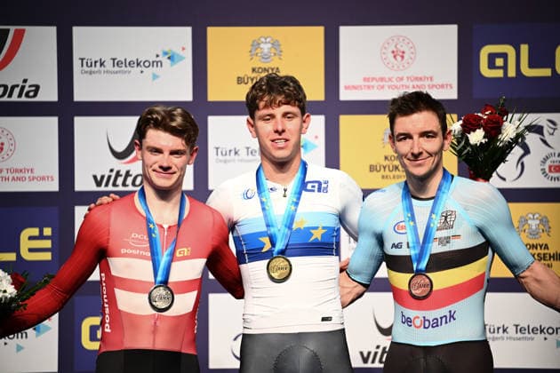2026 UEC Track Elite European Championships Picture by Olly Hassell SWpix.com - 02 02 2026 - Cycling - 2026 UEC Track Elite European Championships - Konya Velodrome, Konya, Türkiye - Men™s Point Race Podium - Tim Torn Teutenberg (Germany) receives the Gold Medal to become European Champion, Conrad Haugsted (Denmark) receives the Silver Medal and Jasper de Buyst (Belgium) receives the Bronze Medal Konya Konya Velodrome Türkiye Copyright: x xSWpix.comx(t axPhotographyxHubxLtd)xOllyxHassell SWpix.comx SWP-3177-0386