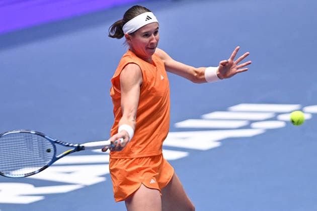 Nikola Bartunkova from Czechia in action during match against Anna Blinkova from Russia within the WTA, Tennis Damen women s tennis tournament Ostrava Open, on February 2, 2026, in Ostrava, Czech Republic. (CTKxPhoto JaroslavxOzana) CTKPhotoP2026020207351  CTKPhotoP2026020207351