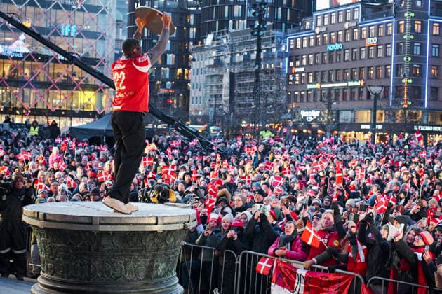 The Handball Men are Celebrated at Copenhagen City Hall Mads Mensah as Denmark s men s handball team is celebrated as European champions at Copenhagen City Hall on Monday, February 2, 2026. The team won gold on Sunday at the European Handball Championship in Herning and is invited to the city hall on this occasion, including for city hall pancakes. (Photo: Thomas Traasdahl Ritzau Scanpix) , Copenhagen Denmark Copyright: RitzauxScanpix ThomasxTraasdahlx spdk20260202-191119-L