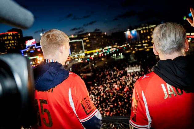 The Handball Men Honored at Copenhagen City Hall Magnus Saugstrup and National Coach Nikolaj Jacobsen on the Balcony at Copenhagen City Hall as Denmark s men s handball team is celebrated as European champions at Copenhagen City Hall on Monday, February 2, 2026. The team won gold at the European Handball Championship in Herning on Sunday and is invited to the city hall for the occasion, including city hall pancakes. (Photo: Sebastian Elias Uth Ritzau Scanpix) , Denmark Copyright: Ritzau Scanpix SebastianxEliasxUthx spdk20260202-192443-L