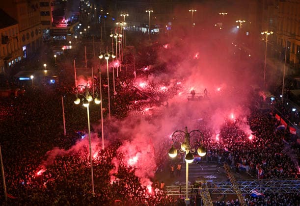 Ceremonial welcome for Croatian National Handball Team after winning bronze at the Men s EHF EURO 2026 Croatia fans light flares during ceremonial welcome for Croatia Handball Team at ban Jelacic Square in Zagreb, Croatia on February 2, 2026. Croatia won bronze medal at the 2026 EHF European Men s Handball Championship.  MarkoxLukunic PIXSELL