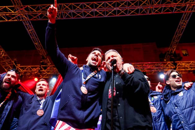 Ceremonial welcome for Croatian National Handball Team after winning bronze at the Men s EHF EURO 2026 Leon Susnja, David Mandic, Ivan Martinovic and Filip Glavas of Croatia sing with Marko Perkovic Thompson during ceremonial welcome for Croatia Handball Team at ban Jelacic Square in Zagreb, Croatia on February 2, 2026. Croatia won bronze medal at the 2026 EHF European Men s Handball Championship.  IgorxKralj PIXSELL
