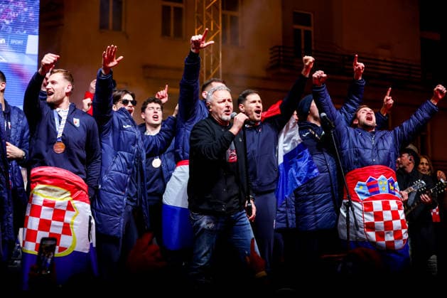 Ceremonial welcome for Croatian National Handball Team after winning bronze at the Men s EHF EURO 2026 Croatia Handball Team celebrate with singer Marko Perkovic Thomspon during ceremonial welcome at ban Jelacic Square in Zagreb, Croatia on February 2, 2026. Croatia won bronze medal at the 2026 EHF European Men s Handball Championship.  IgorxKralj PIXSELL