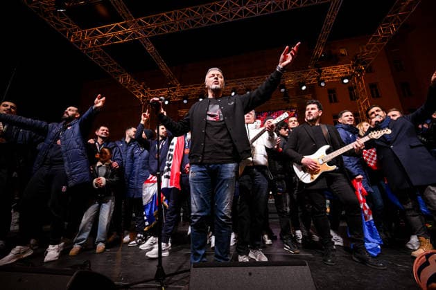 Ceremonial welcome for Croatian National Handball Team after winning bronze at the Men s EHF EURO 2026 Croatia Handball Team celebrate with singer Marko Perkovic Thompson during ceremonial welcome at ban Jelacic Square in Zagreb, Croatia on February 2, 2026. Croatia won bronze medal at the 2026 EHF European Men s Handball Championship.  DavorxPuklavec PIXSELL