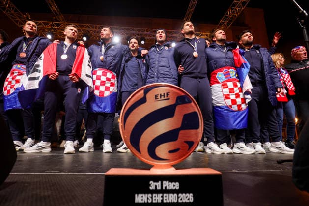 Ceremonial welcome for Croatian National Handball Team after winning bronze at the Men s EHF EURO 2026 Croatia Handball Team during ceremonial welcome at ban Jelacic Square in Zagreb, Croatia on February 2, 2026. Croatia won bronze medal at the 2026 EHF European Men s Handball Championship.  IgorxKralj PIXSELL