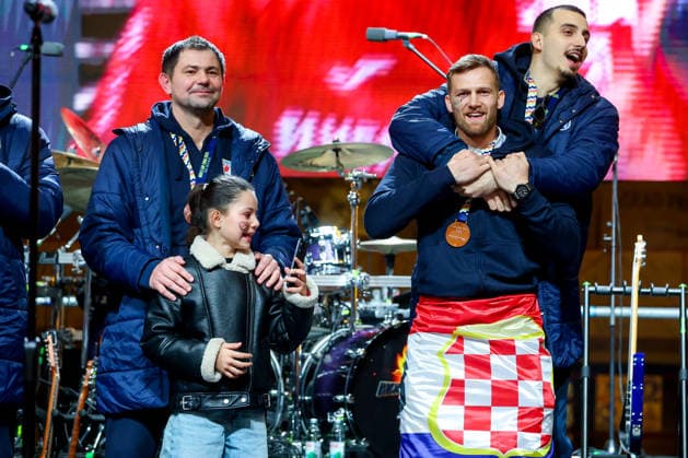 Ceremonial welcome for Croatian National Handball Team after winning bronze at the Men s EHF EURO 2026 Denis Spoljaric, David Mandic and Matej Mandic of Croatia during ceremonial welcome for Croatia Handball Team at ban Jelacic Square in Zagreb, Croatia on February 2, 2026. Croatia won bronze medal at the 2026 EHF European Men s Handball Championship.  IgorxKralj PIXSELL