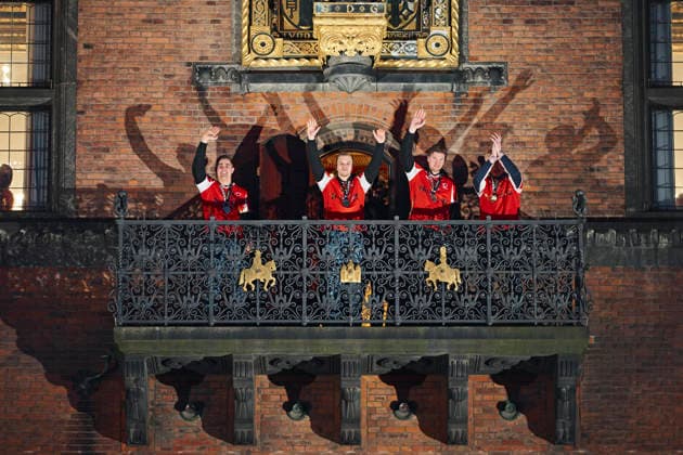 The Handball Men Honored at Copenhagen City Hall Rasmus Lauge, Johan Hansen, Magnus Landin, and Magnus Saugstrup as Denmark s men s handball team is honored as European champions at Copenhagen City Hall on Monday, February 2, 2026. The team won gold at the European Handball Championship in Herning on Sunday and is invited to the city hall on this occasion, including for city hall pancakes. (Photo: Thomas Traasdahl Ritzau Scanpix) , Copenhagen Denmark Copyright: RitzauxScanpix ThomasxTraasdahlx spdk20260202-192452-L