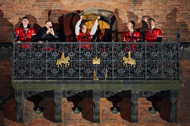 The Handball Men Celebrated at Copenhagen City Hall Mads Hoxer, Simon Pytlick, Emil Bergholt, Mathias Gidsel, and Emil Jakobsen as Denmark s men s handball team is celebrated as European champions at Copenhagen City Hall on Monday, February 2, 2026. The team won gold at the European Handball Championship in Herning on Sunday and is invited to the city hall for the occasion, including city hall pancakes. (Photo: Thomas Traasdahl Ritzau Scanpix) , Copenhagen Denmark Copyright: RitzauxScanpix ThomasxTraasdahlx spdk20260202-192532-L