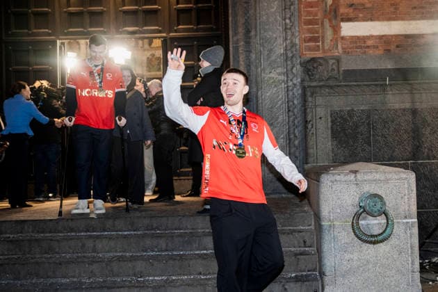 The Handball Men are Celebrated at Copenhagen City Hall Thomas Arnoldsen leaves Copenhagen City Hall as Denmark s men s handball team is celebrated as European champions at Copenhagen City Hall on Monday, February 2, 2026. The team won gold on Sunday at the European Handball Championship in Herning and is invited to the city hall on this occasion, including for city hall pancakes. (Photo: Sebastian Elias Uth Ritzau Scanpix) , Denmark Copyright: Ritzau Scanpix SebastianxEliasxUthx spdk20260202-194514-L