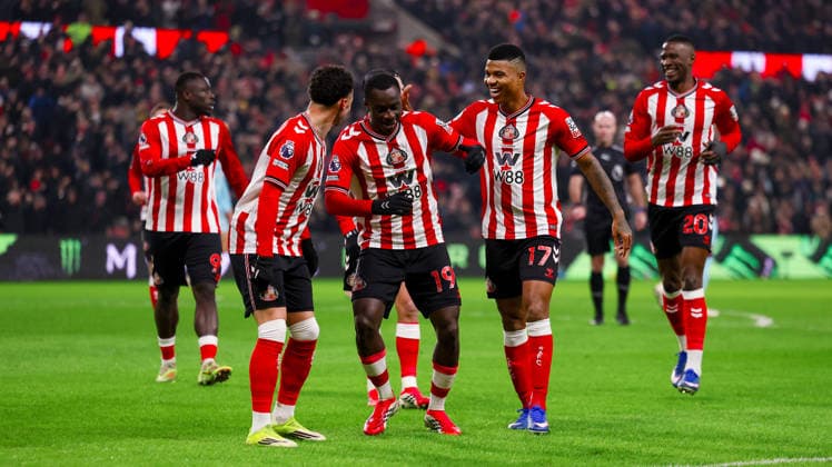 Sunderland v Burnley, Premier League GOAL Sunderland midfielder Habib Diarra (19) scores a goal and celebrates to make the score 1-0 during the Premier League match between Sunderland and Burnley at the Stadium Of Light, Sunderland, UK on 2 February 2026. Editorial use only DataCo restrictions apply See www.football-dataco.com , Copyright: xSimonxDaviesx PSI-23675-0047