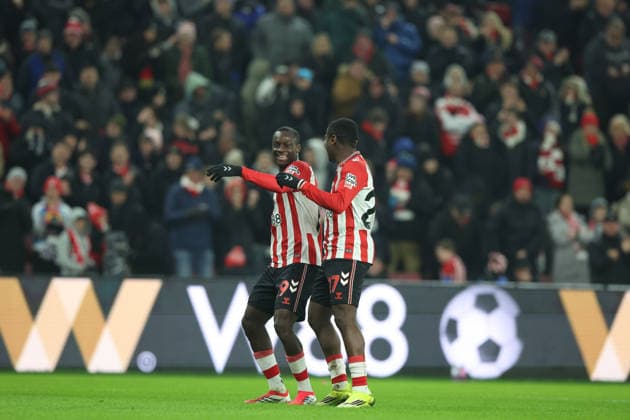 Sunderland, England, 2nd February 2026. Habib Diarra (L) of Sunderland celebrates scoring the second goal during the Sunderland vs Burnley Premier League match at the Stadium Of Light, Sunderland. Picture credit should read: Nigel Roddis Sportimage EDITORIAL USE ONLY. No use with unauthorised audio, video, data, fixture lists, club league logos or live services. Online in-match use limited to 120 images, no video emulation. No use in betting, games or single club league player publications. SPI_017_NR_SUND_BURN SPI-4506-0017