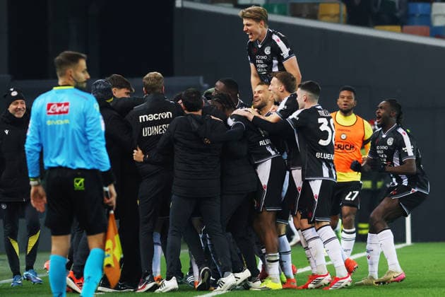 Udinese s Jurgen Ekkelenkamp celebrates after scoring the 1-0 goal for his team during the Serie A soccer match between Udinese and Roma at the Bluenergy Stadium in Udine, north east Italy - Monday, February 02,2026 - soccer  Copyright: xAndreaxBressanutti LaPressex
