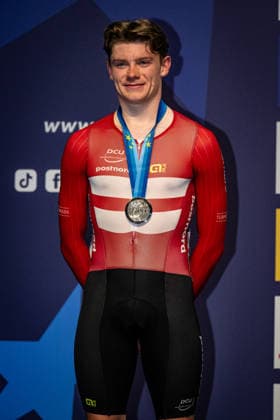 HAUGSTED Conrad: UEC Track cycling, Rad, Radsport, Bahnrad, Bahn European Championships Konya 2026 HAUGSTED Conrad ( DEN ) Denmark Second Place - Award Ceremony - Medal Ceremony - Podium - Hochformat - Hoch - Vertikal - Portrait - Event Veranstaltung: UEC Track Cycling European Championships 2026 - Category Kategorie: Cycling - Track Cycling European Championships - Location Ort: Asia - Turkey - Türkiye - Konya - Discipline: Points Race - Category: Elite Men - Distance: 40 km - Date Datum: 02.02.2026 Monday Day 2 -