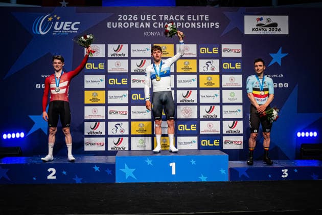 HAUGSTED Conrad, TEUTENBERG Tim Torn, DE BUYST Jasper: UEC Track cycling, Rad, Radsport, Bahnrad, Bahn European Championships Konya 2026 HAUGSTED Conrad ( DEN ) Denmark Second Place - TEUTENBERG Tim Torn ( GER ) Germany Winner - First Place DE BUYST Jasper ( BEL ) Belgium Third Place - Award Ceremony - Medal Ceremony - Podium - Querformat - quer - horizontal - Landscape - Event Veranstaltung: UEC Track Cycling European Championships 2026 - Category Kategorie: Cycling - Track Cycling European Championships - Location Ort: Asia - Turkey - Türkiye - Konya - Discipline: Points Race - Category: Elite Men - Distance: 40 km - Date Datum: 02.02.2026 Monday Day 2 -