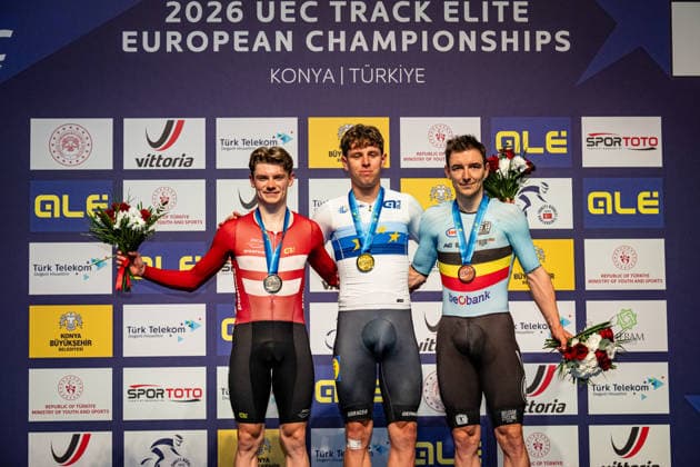 HAUGSTED Conrad, TEUTENBERG Tim Torn, DE BUYST Jasper: UEC Track cycling, Rad, Radsport, Bahnrad, Bahn European Championships Konya 2026 HAUGSTED Conrad ( DEN ) Denmark Second Place - TEUTENBERG Tim Torn ( GER ) Germany Winner - First Place DE BUYST Jasper ( BEL ) Belgium Third Place - Award Ceremony - Medal Ceremony - Podium - Querformat - quer - horizontal - Landscape - Event Veranstaltung: UEC Track Cycling European Championships 2026 - Category Kategorie: Cycling - Track Cycling European Championships - Location Ort: Asia - Turkey - Türkiye - Konya - Discipline: Points Race - Category: Elite Men - Distance: 40 km - Date Datum: 02.02.2026 Monday Day 2 -