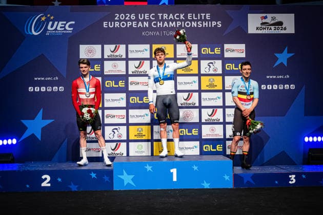 HAUGSTED Conrad, TEUTENBERG Tim Torn, DE BUYST Jasper: UEC Track cycling, Rad, Radsport, Bahnrad, Bahn European Championships Konya 2026 HAUGSTED Conrad ( DEN ) Denmark Second Place - TEUTENBERG Tim Torn ( GER ) Germany Winner - First Place DE BUYST Jasper ( BEL ) Belgium Third Place - Award Ceremony - Medal Ceremony - Podium - Querformat - quer - horizontal - Landscape - Event Veranstaltung: UEC Track Cycling European Championships 2026 - Category Kategorie: Cycling - Track Cycling European Championships - Location Ort: Asia - Turkey - Türkiye - Konya - Discipline: Points Race - Category: Elite Men - Distance: 40 km - Date Datum: 02.02.2026 Monday Day 2 -