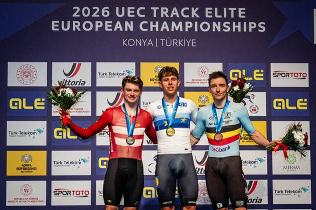 HAUGSTED Conrad, TEUTENBERG Tim Torn, DE BUYST Jasper: UEC Track cycling, Rad, Radsport, Bahnrad, Bahn European Championships Konya 2026 HAUGSTED Conrad ( DEN ) Denmark Second Place - TEUTENBERG Tim Torn ( GER ) Germany Winner - First Place DE BUYST Jasper ( BEL ) Belgium Third Place - Award Ceremony - Medal Ceremony - Podium - Querformat - quer - horizontal - Landscape - Event Veranstaltung: UEC Track Cycling European Championships 2026 - Category Kategorie: Cycling - Track Cycling European Championships - Location Ort: Asia - Turkey - Türkiye - Konya - Discipline: Points Race - Category: Elite Men - Distance: 40 km - Date Datum: 02.02.2026 Monday Day 2 -