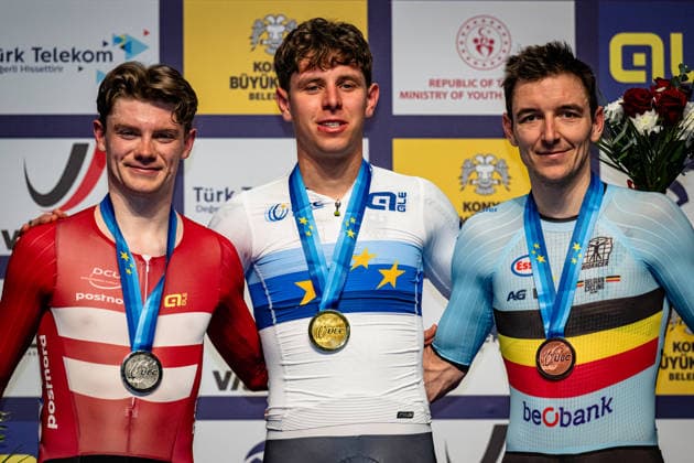 HAUGSTED Conrad, TEUTENBERG Tim Torn, DE BUYST Jasper: UEC Track cycling, Rad, Radsport, Bahnrad, Bahn European Championships Konya 2026 HAUGSTED Conrad ( DEN ) Denmark Second Place - TEUTENBERG Tim Torn ( GER ) Germany Winner - First Place DE BUYST Jasper ( BEL ) Belgium Third Place - Award Ceremony - Medal Ceremony - Podium - Querformat - quer - horizontal - Landscape - Event Veranstaltung: UEC Track Cycling European Championships 2026 - Category Kategorie: Cycling - Track Cycling European Championships - Location Ort: Asia - Turkey - Türkiye - Konya - Discipline: Points Race - Category: Elite Men - Distance: 40 km - Date Datum: 02.02.2026 Monday Day 2 -